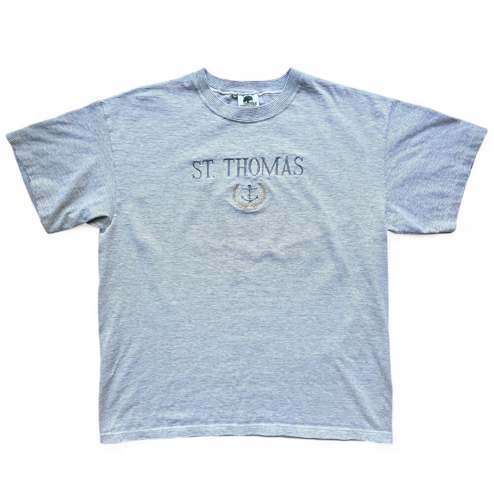 Vintage Embroidered St Thomas Micro Stripe Anchor Beach T Shirt Single Stitch XL